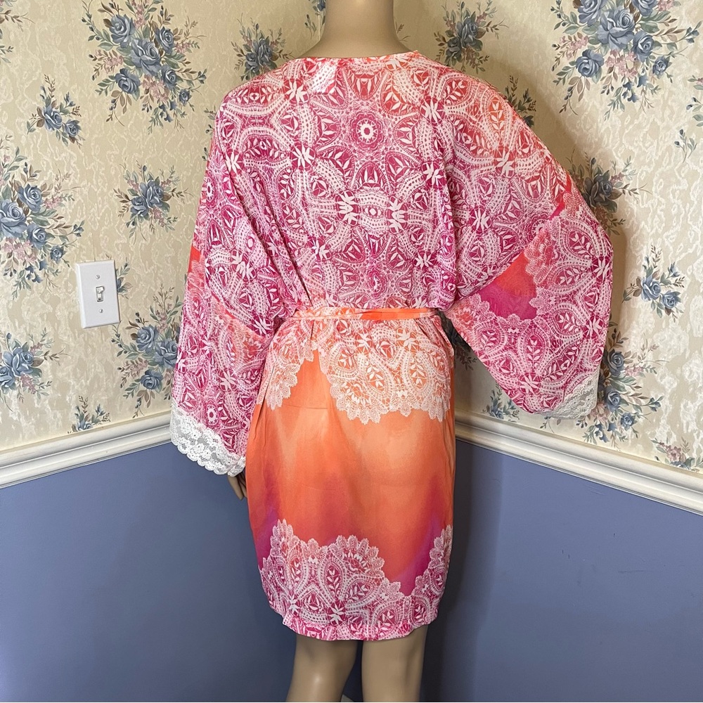 In Bloom Ombre Bright Pink & Orange Boho Beach Sheer Lace Kimono Robe, Size M - Picture 7 of 11